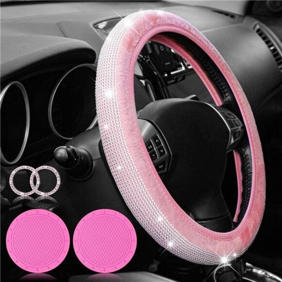 5 PCS Crystal Diamond Bling Steering Wheel Cover Car Coaster Rhinestone Sticker - Picture 1 of 7